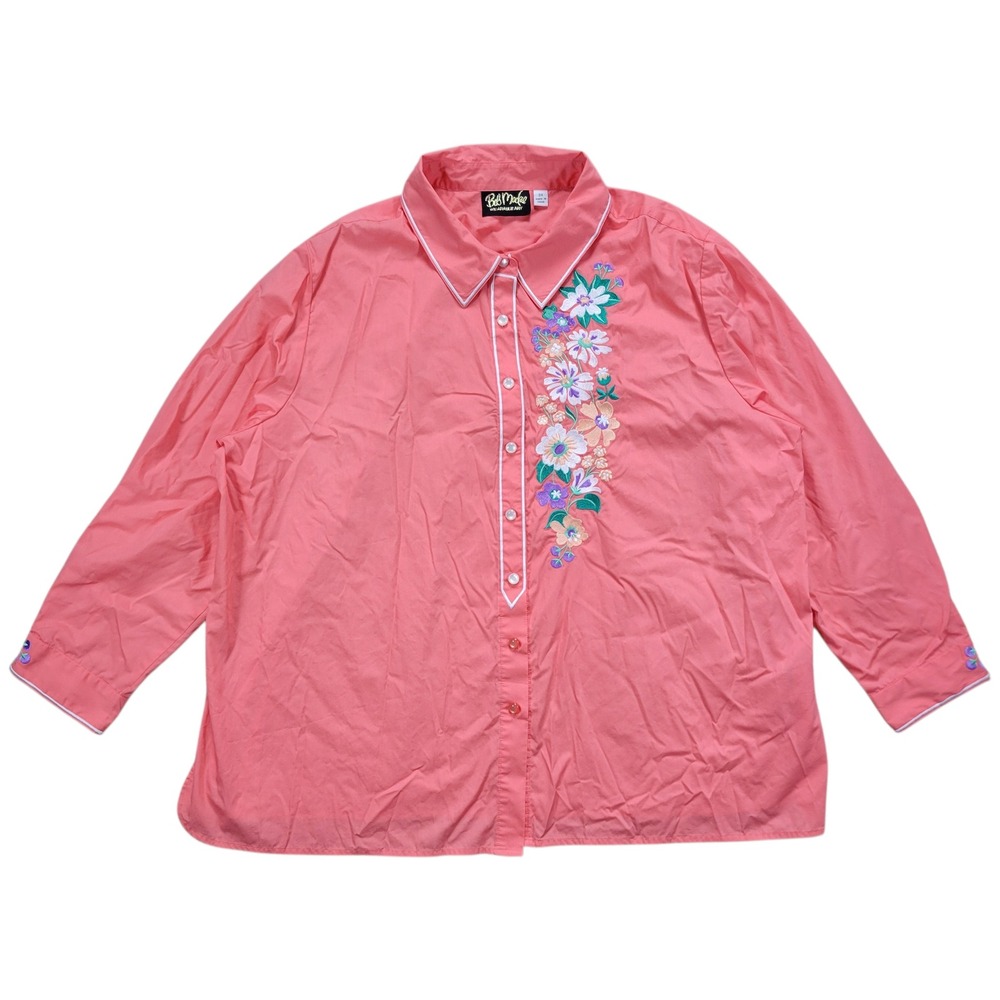 Bob Mackie Art Button Up Shirt Womens 3X Coral Floral Embroidered Boho Grandma